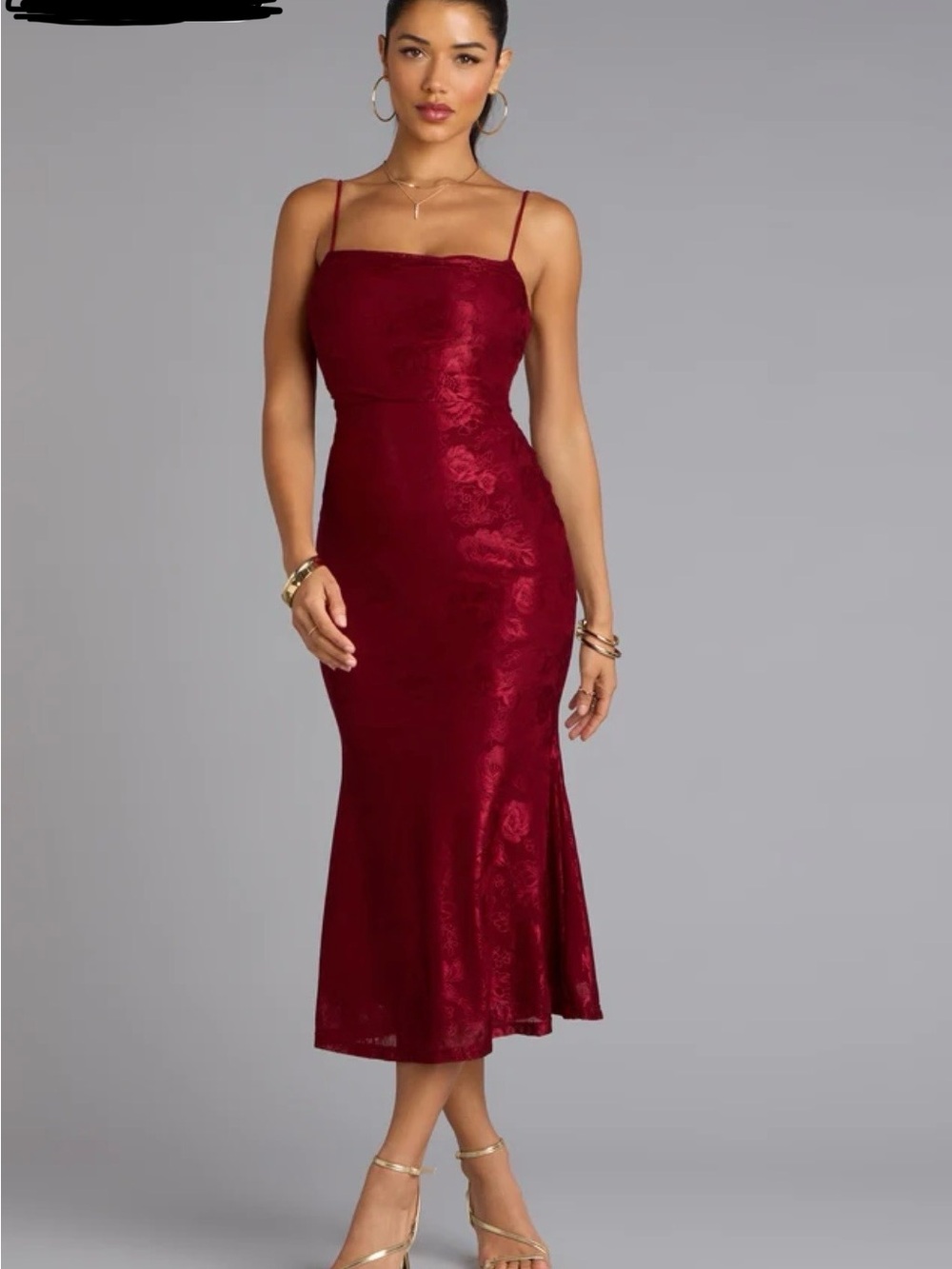 Windsor Wine Red Jacquard Spaghetti Strap Midi Dress
